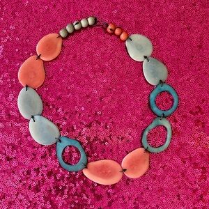 🍊Artisan Handmade Rope Beaded Necklace Orange Teal Tagua Nut Açaí Seeds